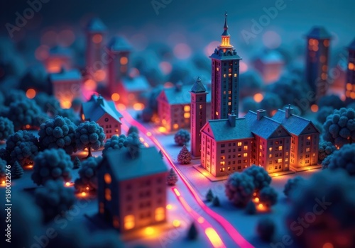 Miniature snow-covered city with glowing buildings and pink roads at night