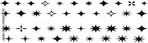 Illustration of various star shapes arranged in rows on a white background design element vector