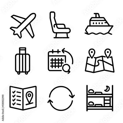 Suitcase flight travel hostel icons vector seat pins icon bed open flexibility