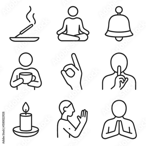 Icons icon mindful gratitude focused sitting movement silence bell vector meditation ritual