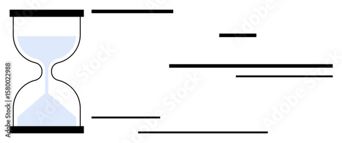 Hourglass with flowing sand alongside dynamic abstract lines conveying speed, urgency, time flow. Ideal for productivity, deadlines, project timelines, progress, efficiency, balance simple landing
