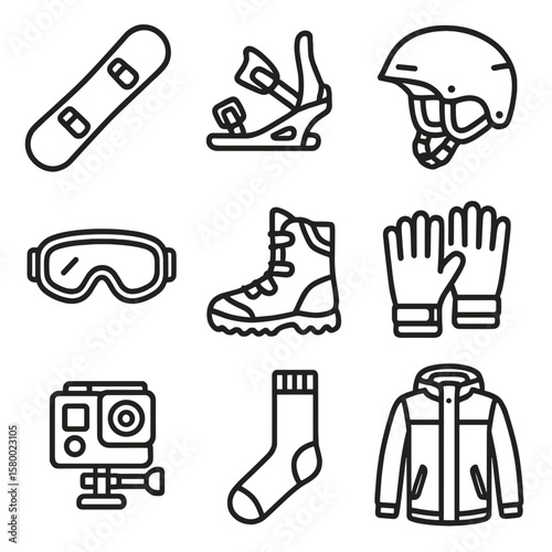 Insulated vector gear camera jacket snowboard icons gloves goggles boots icon socks