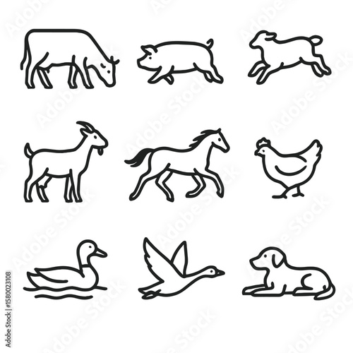 Animal vector pig icon galloping sheep pecking icons swimming farm grazing cow