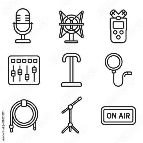 Podcasting boom dynamic vector shock mic icons light soundboard tools stand icon