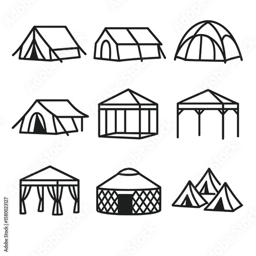 Tent family set communal icons canopy dining camping shelter awning vector icon