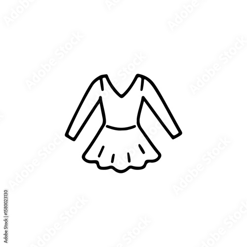 Minimalist hand-drawn outline icon of a figure skating dress. Elegant sportswear with long sleeves and a short skirt. Ice skating costume vector illustration in black and white doodle style