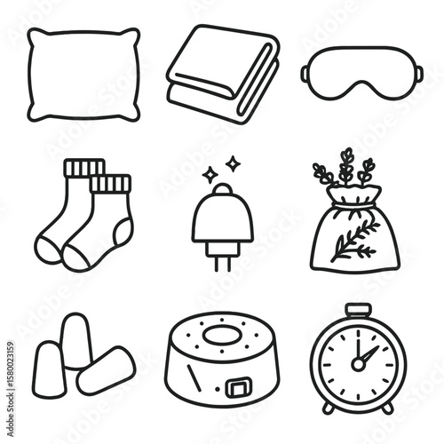 Socks earplugs essentials icons sachet eye sleep timer noise vector blanket icon