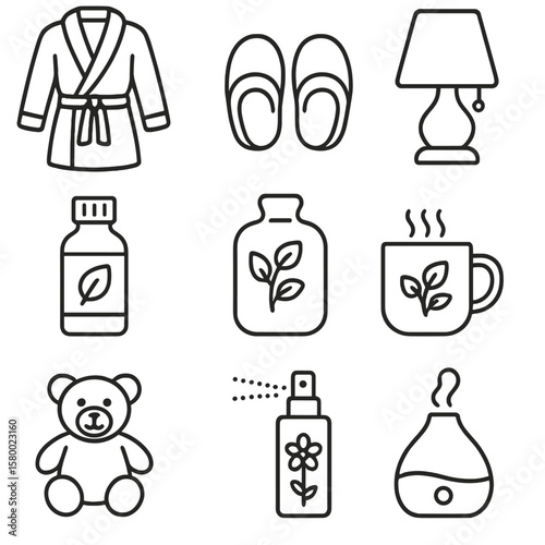 Nighttime humidifier essential tea vector hot icons bottle mug water comfort icon