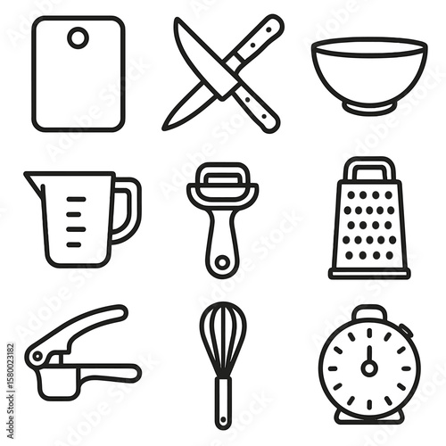 Whisk tools vector knife garlic measuring grater mixing cooking board icons icon