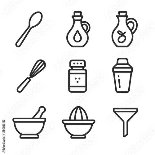 Icons lemon squeezer mortar jar spice dressing bottle tiny sauce vector preparation