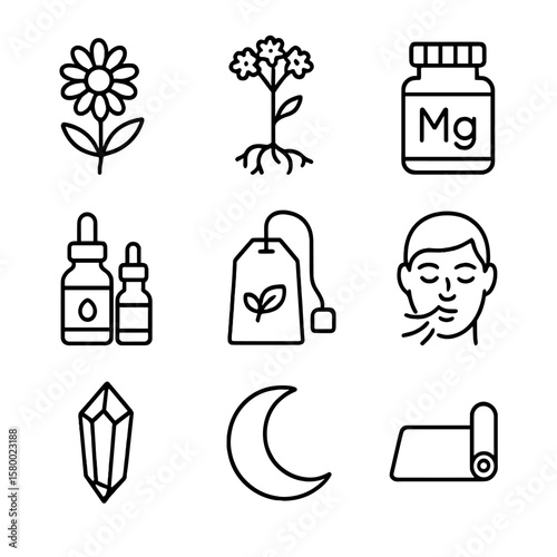 Breathing sleep mat crystal aid moon chamomile vector icon guide natural tea