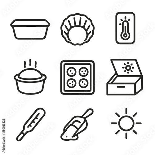 Pan thermometer icons solar monitor rays bread icon vector cake baking