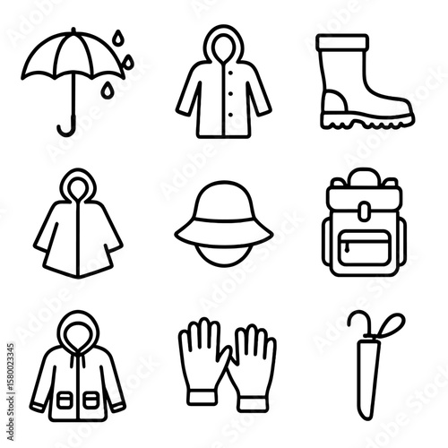 Gear waterproof boots icons poncho gloves cover umbrella rain icon vector backpack