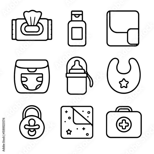 Diaper pouch travel essentials baby bib changing bottle case kit icon vector