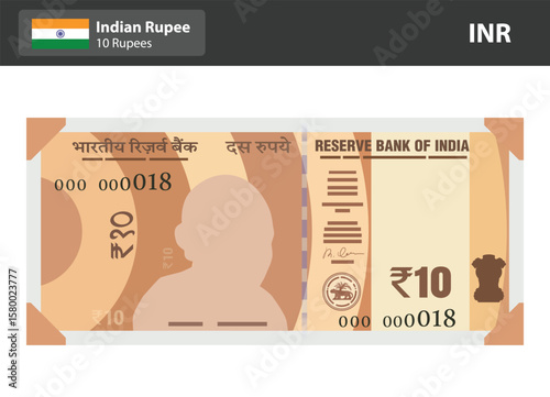 Vector Illustration of Indian 10 Rupee Currency Note, Flat Style INR ₹10 Bill for Economy, Finance, Transaction and Educational Graphic Content