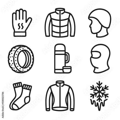 Gloves jacket weather windproof tire cycling cold vector icon helmet socks bottle