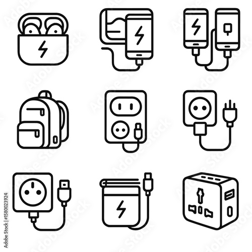 Device icons airplane charge outlet charging cable power travel vector phone icon