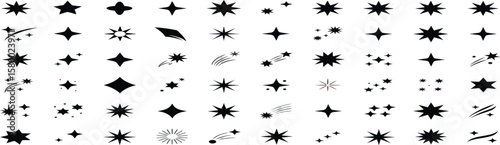 Collection of various star shapes and starbursts in black and white vector format with different designs
