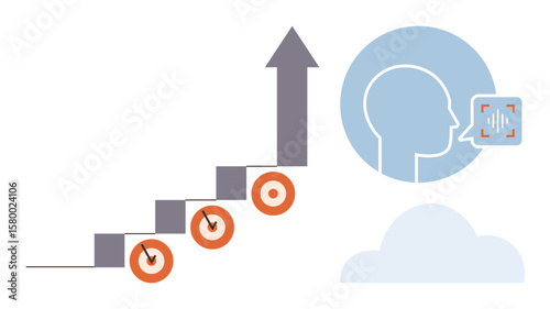 Steps with targets and upward arrow for growth, voice recognition head, cloud element. Ideal for business goal setting, performance analysis, AI, technology, success, communication simple flat