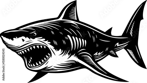 Aggressive Shark Illustration – Vintage Style Ocean Predator Drawing Art