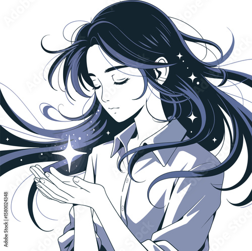 Anime style illustration of a woman with long flowing hair holding a glowing star in her hands softly
