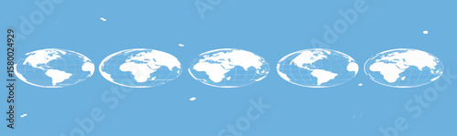 Five translucent globe illustrations arranged in a row against a light blue background space theme