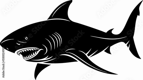 Aggressive Shark Silhouette Illustration – Black Ocean Predator Vector Art