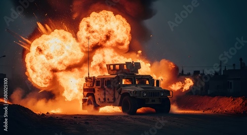 Military Humvee Vehicle Exploding with Fireballs and Smoke in Battlefield Scene
