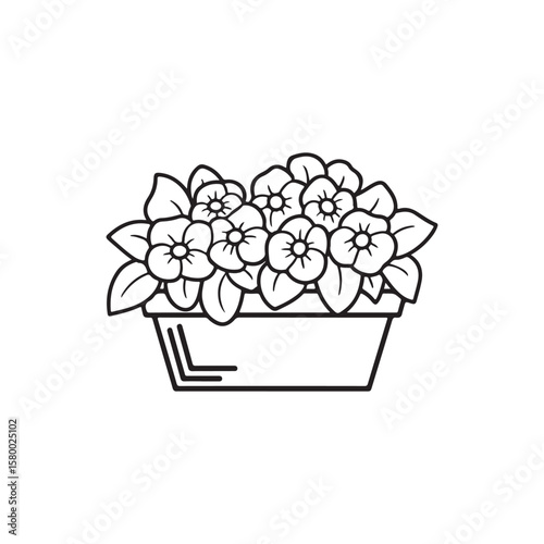 Miniature Fairy Cottage in a Teacup Planter – Bold Line Garden Coloring Page, Black & White Designs, Victor Illustration, Line Art, Miniature Garden Bold & Easy Coloring Book.