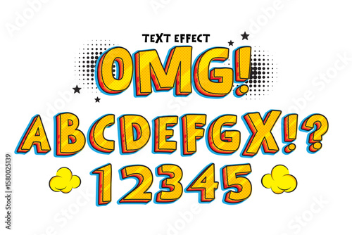 Comic book themed alphabet and numbers with fun fonts. Editable vector illustration