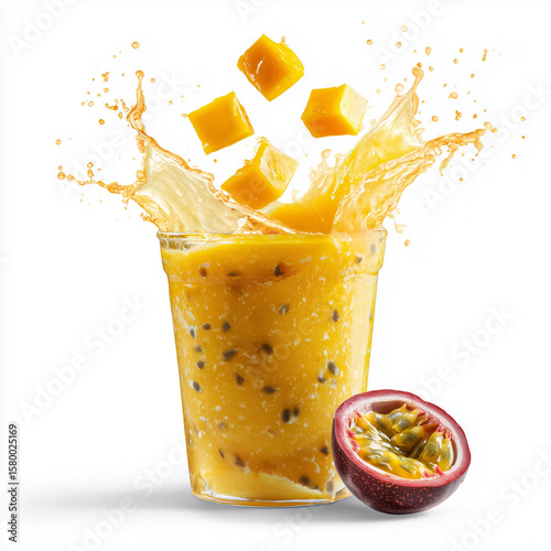 Chunks of mango and passionfruit dropping into a smoothie blender cup