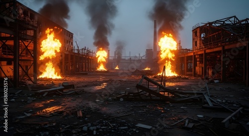 Industrial Factory Fire with Flames and Smoke in Abandoned Construction Site