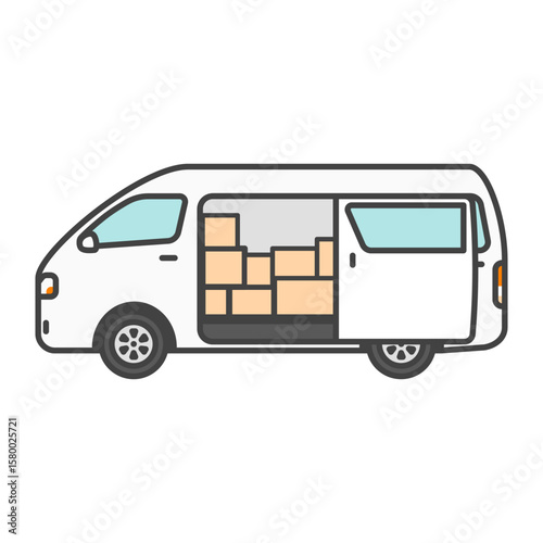イラスト素材：宅配便の荷物を積んだバン・物流業界の商用車・白のワゴン車（ワンボックスカー）