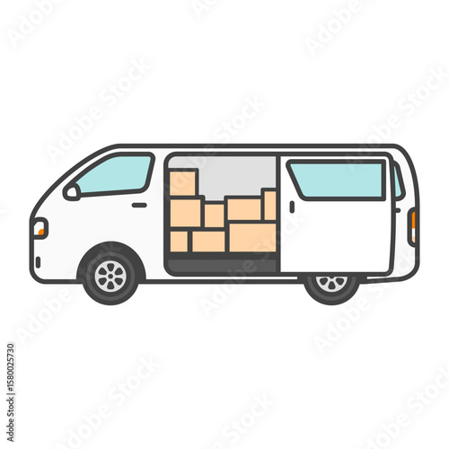 イラスト素材：宅配便の荷物を積んだバン・物流業界の商用車・白のワゴン車（ハイルーフモデル）