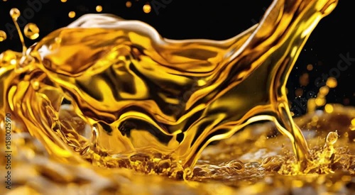 Golden liquid pouring fluid motion splashing and bubbles abstract background