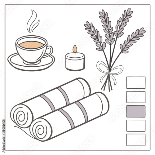 Relaxing spa scene with a cup of tea, candle, lavender bouquet, towels and color boxes for coloring page