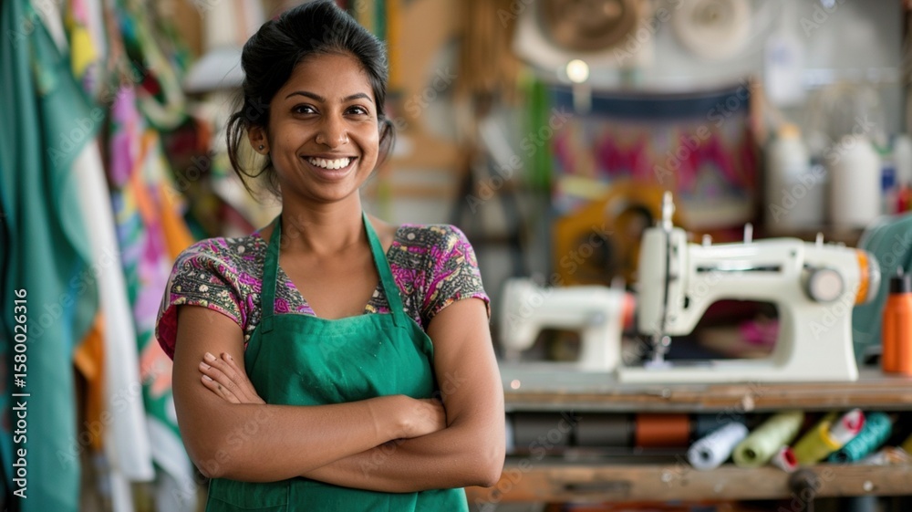 Smiling woman wearing green apron stands confidently in a vibrant sewing workshop, surrounded by colorful fabrics and sewing machines, showcasing her passion for textile craftsmanship Smiling woman wearing green apron stands confidently in a vibrant sewing workshop, surrounded by colorful fabrics and sewing machines, showcasing her passion for textile craftsmanship