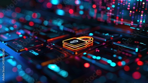 Digital security concept featuring a glowing padlock icon on a keyboard, surrounded by vibrant blue and red lights, symbolizing cybersecurity and data protection in a modern technological environment