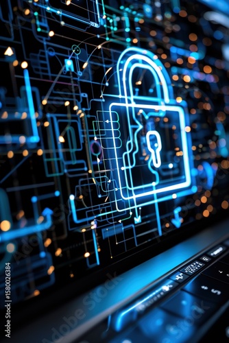 Vertical digital security concept featuring a glowing blue padlock symbol filled with intricate circuit patterns and glowing nodes, cybersecurity and data protection, vertical view