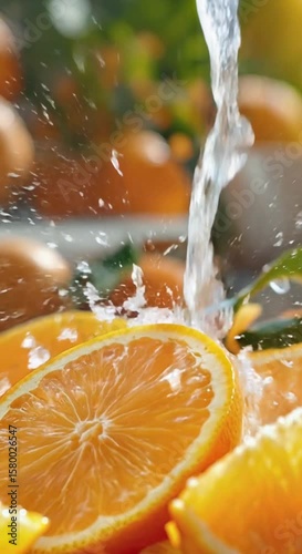 Fresh orange slices being washed with water in slow motion