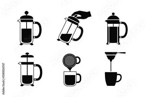 French press coffee brewing steps silhouette preparation