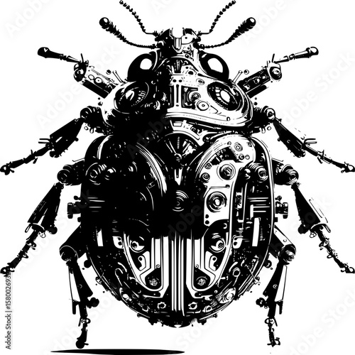 Mechanical beetle: A close-up illustration of a complex mechanical beetle, rendered in a grayscale, highlighting intricate gears and futuristic insect details.