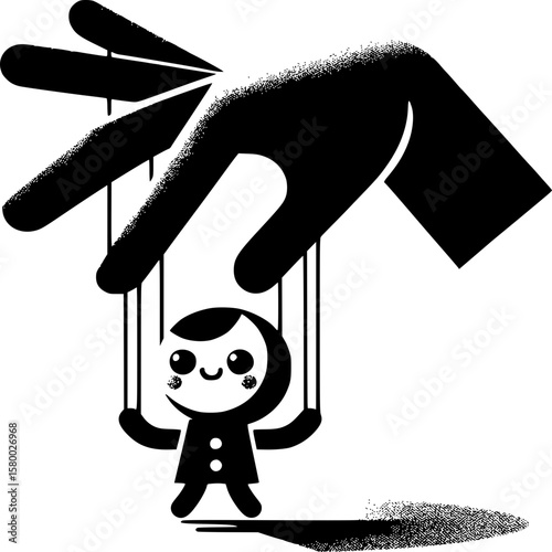 Manipulation Puppet Concept: A stark monochrome illustration of a puppet controlled by an unseen hand, evoking themes of control, influence, and the complexities of power dynamics.