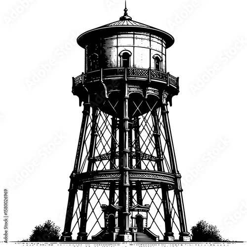 Old water tower's Structural Grace: A detailed, black and white illustration presents an old water tower. The image reveals architectural features and the structure against an uncluttered backdrop.