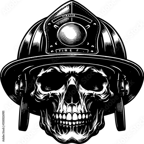 The Firefighter Skull: A dramatic monochrome rendering presents a human skull encased in a firefighter's helmet, symbolizing bravery and the ultimate sacrifice. 