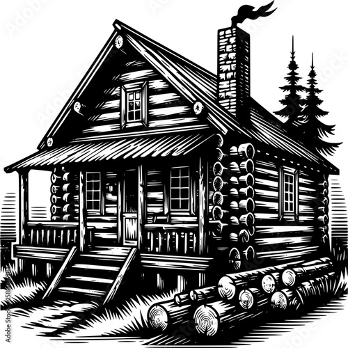 Cozy Cabin in the Woods: A detailed illustration of a rustic log cabin, complete with a porch, chimney, and a stack of logs, nestled in a serene woodland setting, evoking warmth and a sense of escape.
