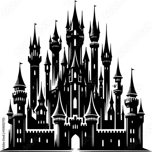 Castle Silhouette: A striking black and white silhouette of an majestic, gothic castle, evoking a sense of mystery and grandeur. A unique architectural masterpiece.