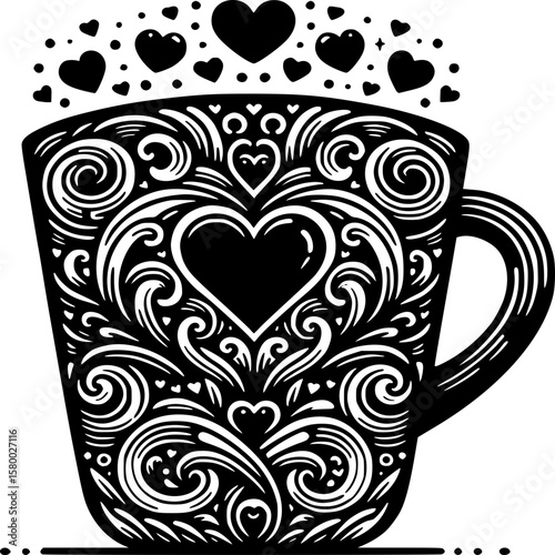 Intricate Cup of Affection: A beautifully detailed illustration of a cup, adorned with swirling patterns and heart motifs, exudes warmth and the essence of love and connection.