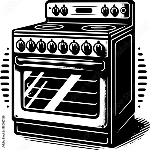 Vintage Oven Illustration: A monochrome image of a vintage oven, the classic kitchen appliance stands, capturing the simplicity of culinary tools
