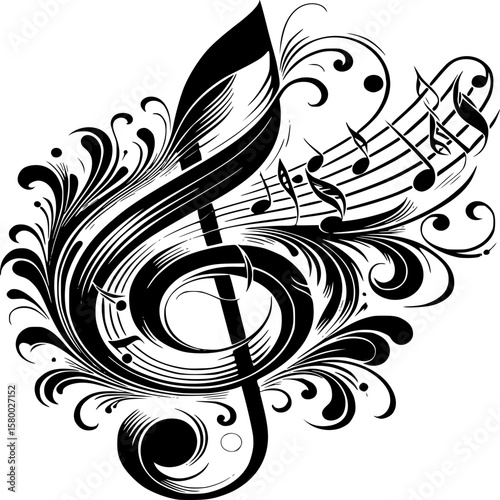 Melodic Flourish: A striking graphic representation of musical notes intertwined with elegant ornamental details, a visual symphony for the eyes.